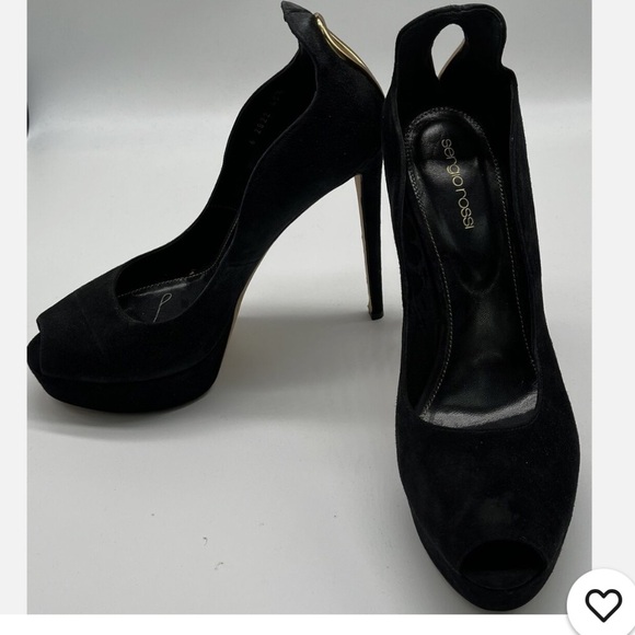 Sergio Rossi Black Suede Platform Peep Toe Pump w/ Gold Heel Cut-Out - Picture 1 of 8